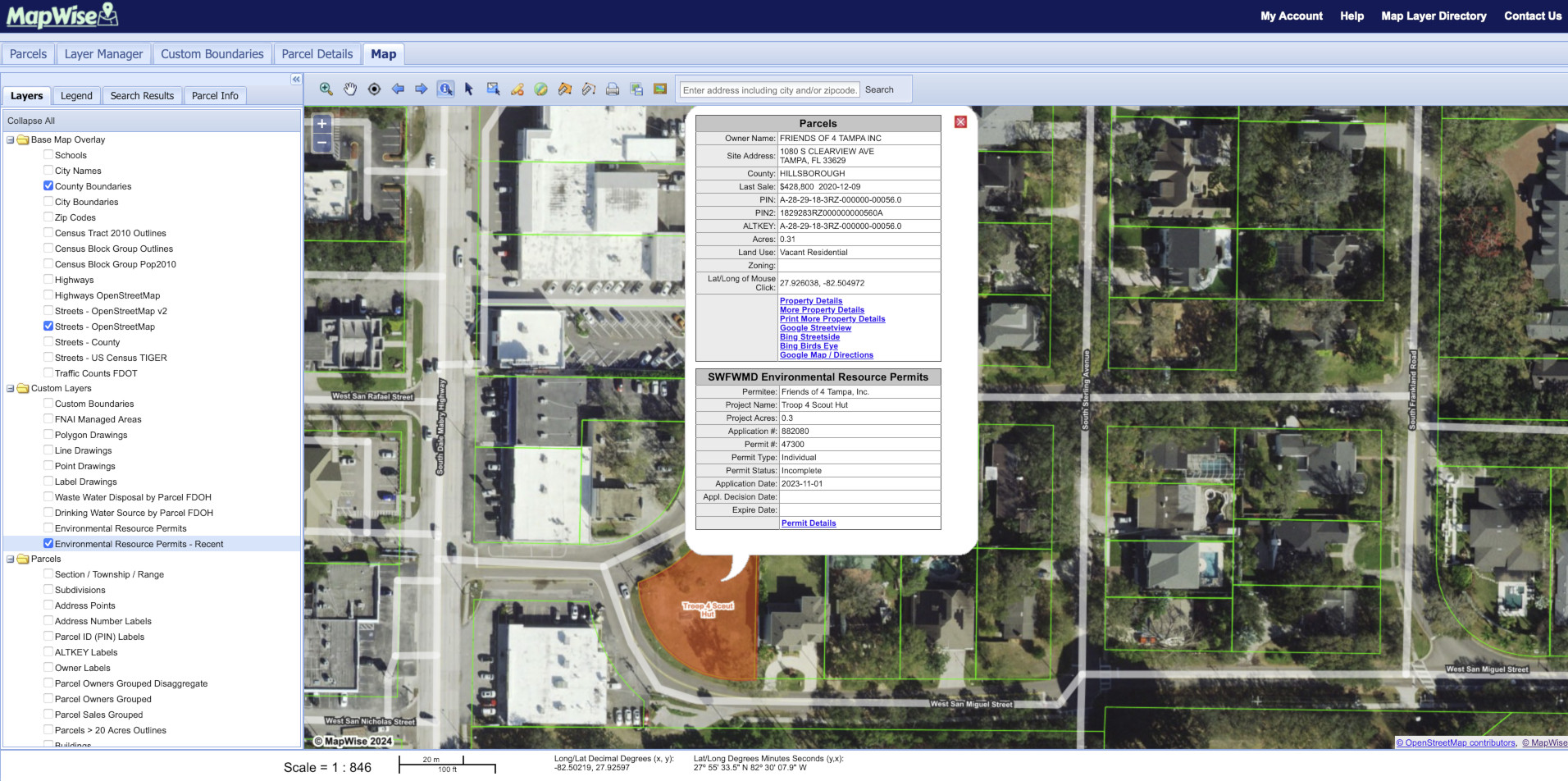 MapWise Map Viewer showing aerial photos, parcels, and large parcels aggregated by owner name
