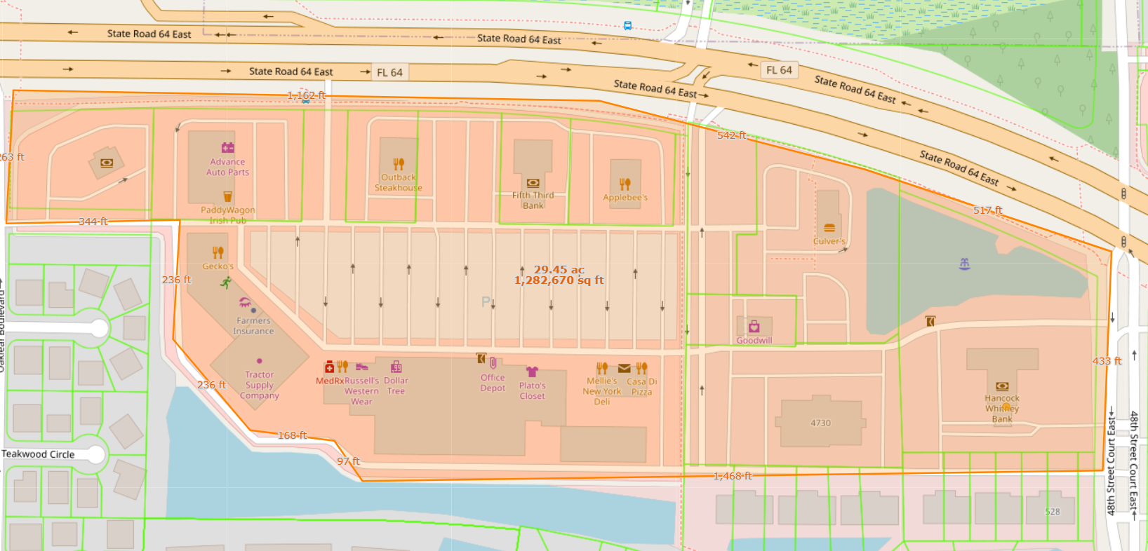 Example polygon drawn on top of OpenStreetMap with total acreage and segment lengths in feet to demonstrate the Measure Parcel Length and Area tool.